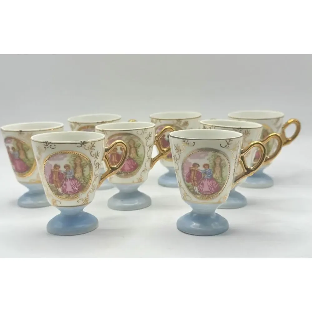 Vintage Japan Demitasse Cups Set of 8‎ Blue Gold Courting Couple Porcelain
